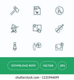 Modern, simple vector icon set on white background with repair, interior, open, list, building, suit, presentation, tie, meat, grill, furniture, paper, hammer, shopping, couch, notebook, click icons