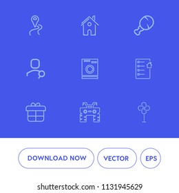 Modern, simple vector icon set on blue background with appliance, web, housework, fan, pointer, holiday, quad, cooler, atv, wheel, search, location, fast, internet, contract, building, document icons