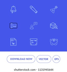 Modern, simple vector icon set on blue background with nature, supermarket, instrument, recreation, office, musical, music, notebook, team, chat, shopping, ball, insect, technology, string, game icons