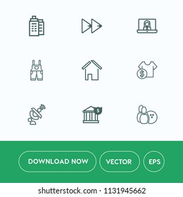 Modern, simple vector icon set on white background with ball, uniform, money, finance, internet, button, estate, sport, satellite, communication, office, price, building, home, cost, player, pin icons