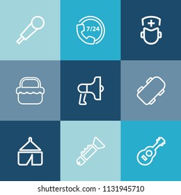 Modern, simple vector icon set on colorful blue backgrounds with park, trumpet, loud, guitar, operator, help, speaker, adventure, speech, grass, board, mic, support, picnic, customer, doctor icons