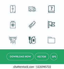 Modern, simple vector icon set on white background with message, safety, arrow, old, fashion, file, house, retail, post, emergency, mail, folder, blank, sale, car, national, move, bus, letter icons