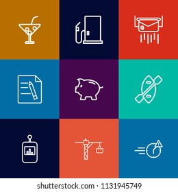 Modern, simple vector icon set on colorful flat backgrounds with oar, file, late, juice, water, bank, station, television, construction, petrol, drink, cocktail, money, envelope, party, saw, oil icons