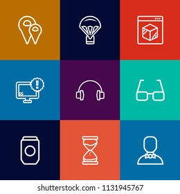 Modern, simple vector icon set on colorful flat backgrounds with sound, jump, sport, extreme, profile, travel, pin, can, time, city, tin, container, gps, monitor, aluminum, metal, sand, audio icons