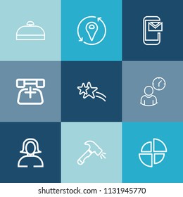 Modern, simple vector icon set on colorful blue backgrounds with white, luggage, journey, young, face, summer, shiny, telephone, contact, phone, communication, tourist, graph, falling, travel icons