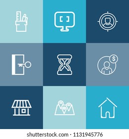 Modern, simple vector icon set on colorful blue backgrounds with timer, time, work, object, desk, hour, clock, table, location, marketing, map, sign, target, concept, business, screen, office icons