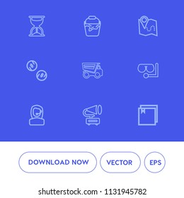 Modern, simple vector icon set on blue background with vintage, retro, location, hour, headset, container, gramophone, vehicle, truck, cash, file, glass, handle, bucket, road, office, timer, map icons