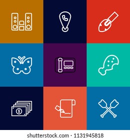 Modern, simple vector icon set on colorful flat backgrounds with play, insect, player, wing, internet, butterfly, fast, office, food, mobile, construction, hammer, business, audio, pen, media icons