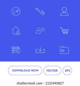 Modern, simple vector icon set on blue background with internet, user, male, download, estate, truck, shop, stop, no, vehicle, cart, profile, blank, trolley, business, social, sign, tobacco, add icons