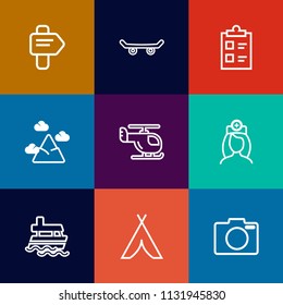 Modern, simple vector icon set on colorful flat backgrounds with nurse, landscape, ship, care, ocean, equipment, camp, way, sky, blue, air, checklist, adventure, skateboarding, transport, choice icons