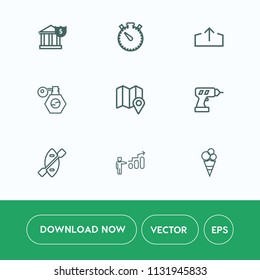 Modern, simple vector icon set on white background with success, white, timer, personal, map, oar, canoe, download, pump, time, equipment, growth, travel, hour, water, work, development, watch icons