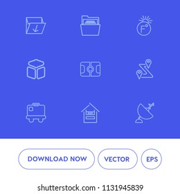 Modern, simple vector icon set on blue background with blank, road, ecology, dish, paper, luggage, cube, pitch, navigation, communication, map, football, supermarket, scale, recycling, open, bag icons