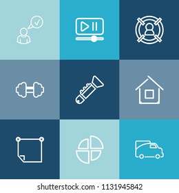 Modern, simple vector icon set on colorful blue backgrounds with house, workout, business, graph, building, website, office, note, profile, target, architecture, volume, vehicle, bugle, customer icons