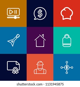 Modern, simple vector icon set on colorful flat backgrounds with achievement, award, engineer, estate, builder, architecture, price, uniform, circle, frame, money, player, guitar, video, label icons