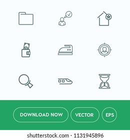 Modern, simple vector icon set on white background with search, ironing, domestic, web, technology, train, house, iron, housework, hour, money, paper, empty, railway, sand, online, management icons