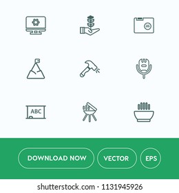 Modern, simple vector icon set on white background with chalkboard, barbecue, board, meat, agriculture, microphone, green, setting, technology, blank, karaoke, file, shovel, background, web, sky icons