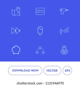 Modern, simple vector icon set on blue background with ice, cream, lock, rewind, road, pin, progress, drill, cook, secure, audio, point, gps, chef, map, location, safe, personal, growth, dessert icons