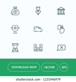 Modern, simple vector icon set on white background with money, bank, greek, time, transportation, greece, reward, spring, van, chat, investment, floral, award, music, flower, clock, audio, fire icons
