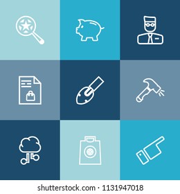 Modern, simple vector icon set on colorful blue backgrounds with internet, magnifier, search, business, finance, piggy, grocery, list, sign, communication, sale, buy, construction, shopping, pig icons