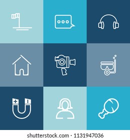 Modern, simple vector icon set on colorful blue backgrounds with film, young, message, nature, estate, pole, equipment, snack, view, snorkel, architecture, sea, food, water, beach, field, fast icons