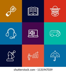 Modern, simple vector icon set on colorful flat backgrounds with open, page, book, literature, object, textbook, space, head, cooking, kitchen, highway, bus, communication, progress, equipment icons