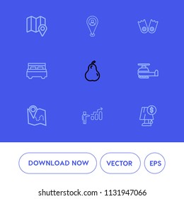 Modern, simple vector icon set on blue background with web, equipment, bedroom, double, helicopter, summer, transportation, pear, growth, water, location, fresh, ripe, organic, pin, flipper, air icons