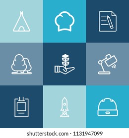 Modern, simple vector icon set on colorful blue backgrounds with paper, food, adventure, nature, technology, forest, interior, file, landscape, cooking, label, job, craft, professional, summer icons
