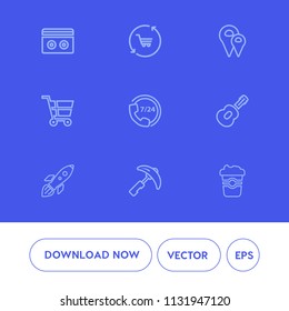 Modern, simple vector icon set on blue background with construction, white, guitar, call, gps, cassette, equipment, rocket, travel, crane, retail, navigation, shop, cup, trolley, old, retro, mug icons