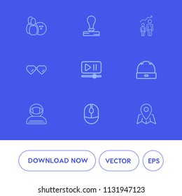 Modern, simple vector icon set on blue background with success, pin, location, click, video, map, paper, space, button, cosmonaut, technology, astronaut, cap, strike, envelope, stationery, fun icons