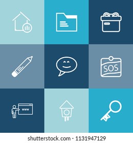 Modern, simple vector icon set on colorful blue backgrounds with bubble, folder, holiday, message, pen, sign, wooden, house, growth, real, pencil, birdhouse, home, ribbon, go, building, label icons