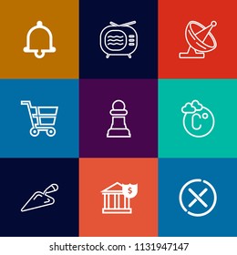 Modern, simple vector icon set on colorful flat backgrounds with satellite, video, alert, fahrenheit, cart, no, business, bank, antenna, game, banking, construction, thermometer, chessboard, tv icons