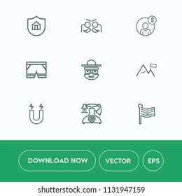 Modern, simple vector icon set on white background with money, account, wear, happy, property, carnival, field, shorts, pole, safety, nation, white, home, decoration, estate, celebration, fun icons