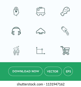 Modern, simple vector icon set on white background with sky, idea, equipment, geometry, sound, tourism, technology, rocket, parachute, space, shop, jump, fast, trolley, growth, journey, concept icons