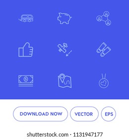 Modern, simple vector icon set on blue background with mobile, fashion, communication, view, internet, passenger, transportation, pig, plane, technology, aircraft, airplane, search, web, cutout icons