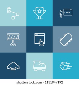 Modern, simple vector icon set on colorful blue backgrounds with navigation, skater, achievement, location, jump, beautiful, sound, pin, shipping, transportation, click, package, marker, gps, go icons