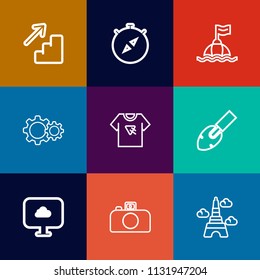 Modern, simple vector icon set on colorful flat backgrounds with life, nautical, white, north, paris, downstairs, down, buoy, eiffel, water, circle, tower, cloud, construction, graphic, sign, up icons