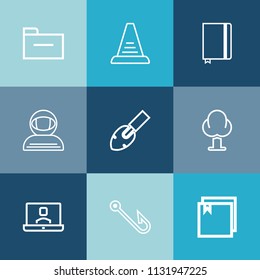 Modern, simple vector icon set on colorful blue backgrounds with rod, notebook, management, business, paper, landscape, internet, data, ladder, paperwork, equipment, astronaut, page, climb, file icons