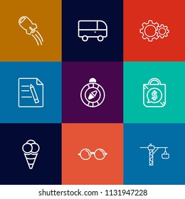 Modern, simple vector icon set on colorful flat backgrounds with sale, hammer, direction, south, ship, action, saw, spaceship, speed, science, construction, file, ball, food, business, bus, road icons