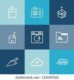 Modern, simple vector icon set on colorful blue backgrounds with office, internet, travel, paper, cloud, suitcase, vacation, add, carton, unpacking, house, laundry, folder, building, technology icons