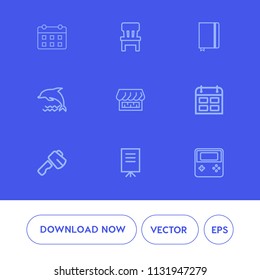 Modern, simple vector icon set on blue background with button, water, notebook, textbook, page, business, axe, home, curtain, hammer, animal, tool, furniture, shop, technology, chair, room, time icons