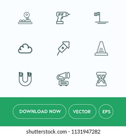 Modern, simple vector icon set on white background with cloud, machine, record, construction, timer, vintage, computer, button, magnetic, science, gramophone, time, technology, event, up, step icons