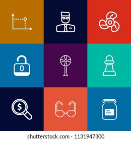 Modern, simple vector icon set on colorful flat backgrounds with heat, chessboard, open, can, unlock, container, glasses, web, ventilator, geometry, cool, sun, safety, air, game, electric, horse icons