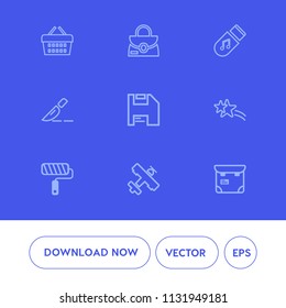 Modern, simple vector icon set on blue background with storage, market, phone, professional, falling, accessory, roll, doctor, operation, store, object, flight, airplane, paint, bag, buy, person icons