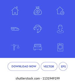 Modern, simple vector icon set on blue background with housing, sale, call, railroad, cash, home, banking, rail, saw, office, track, market, money, coin, bank, building, construction, center icons