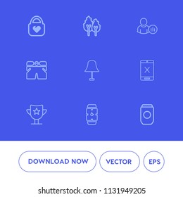 Modern, simple vector icon set on blue background with tree, minute, accessory, aluminum, clock, cancel, coaxial, lamp, prize, hand, style, success, environment, background, fashion, metal, tin icons
