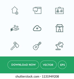 Modern, simple vector icon set on white background with guitar, white, music, bubble, hammer, social, new, real, profile, cloud, communication, estate, musical, tool, building, construction, add icons