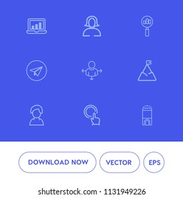Modern, simple vector icon set on blue background with computer, luxury, data, portrait, place, bar, female, pretty, road, landscape, young, finger, girl, face, screen, sign, hotel, travel, hand icons