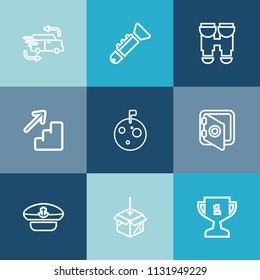 Modern, simple vector icon set on colorful blue backgrounds with captain, trumpet, flag, upstairs, truck, hat, speed, navy, first, security, safety, car, jazz, downstairs, up, upload, business icons