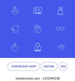 Modern, simple vector icon set on blue background with bank, office, sitting, boat, glasses, paper, equipment, sun, pen, water, nautical, anchor, fahrenheit, sunglasses, fashion, sea, document icons