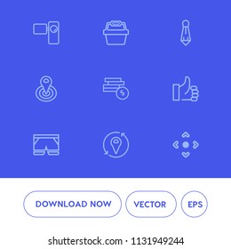Modern, simple vector icon set on blue background with business, fashion, professional, basket, store, vintage, web, good, template, tie, button, cash, location, businessman, technology, market icons